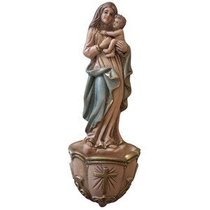 Vintage Italian Virgin Mary Baby Jesus Holy Water Font Religious Figurine Italy